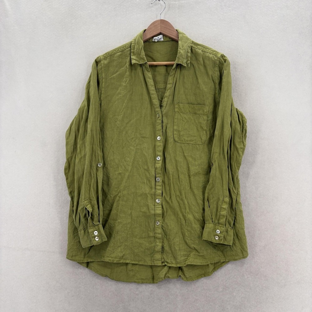 Sigrid Olsen Shirt Womens Medium Green 100% Linen Button Up Long Sleeve Tunic